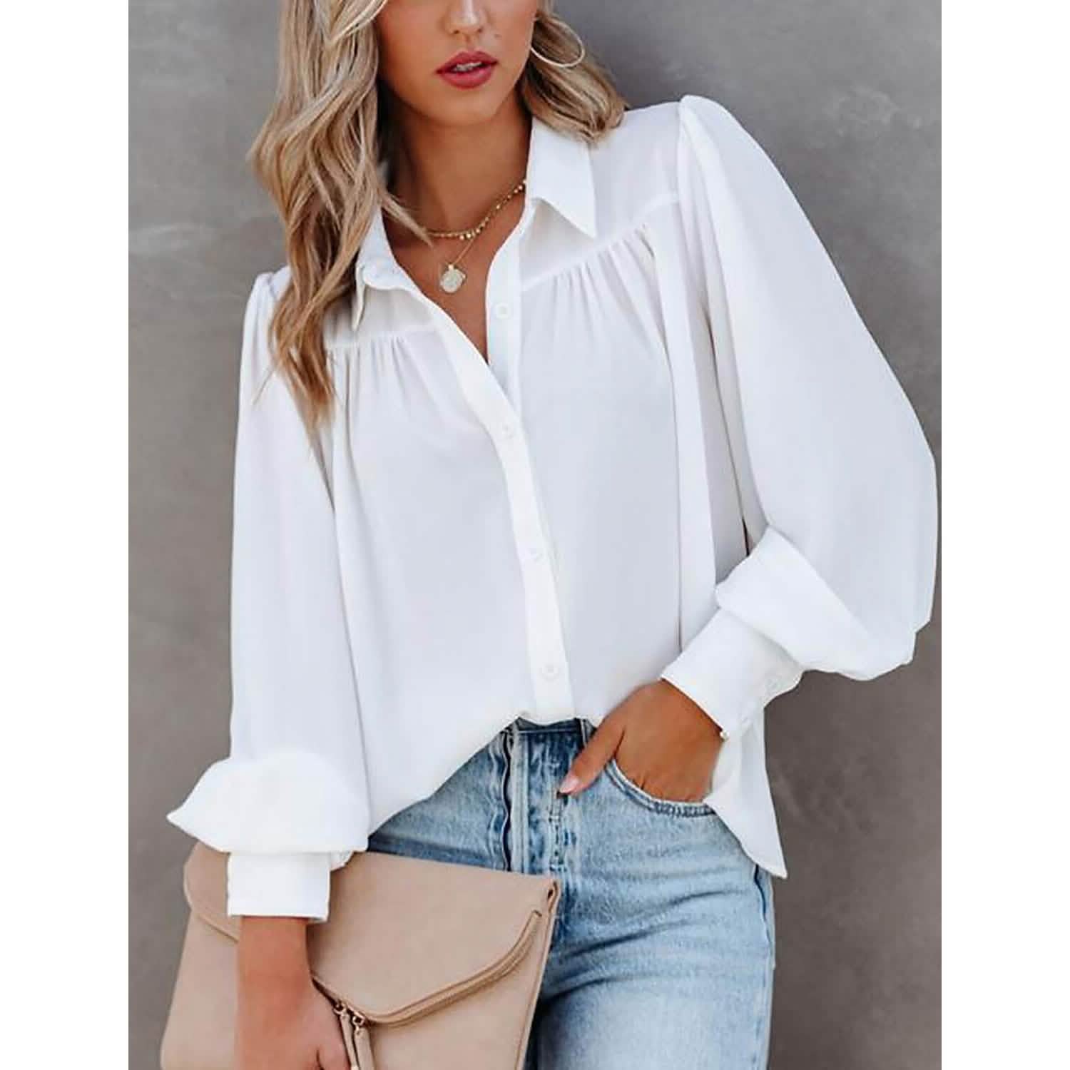 Womens Blouse Shirt Plain Button Long Sleeve DailySale