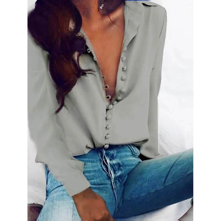 Women's Blouse Shirt Solid Colored Long Sleeve Button V Neck Basic Tops DailySale