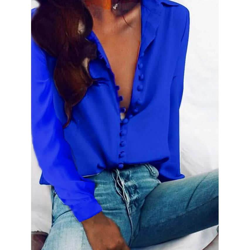 Women's Blouse Shirt Solid Colored Long Sleeve Button V Neck Basic Tops DailySale