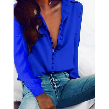 Women's Blouse Shirt Solid Colored Long Sleeve Button V Neck Basic Tops DailySale