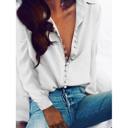 Women's Blouse Shirt Solid Colored Long Sleeve Button V Neck Basic Tops DailySale