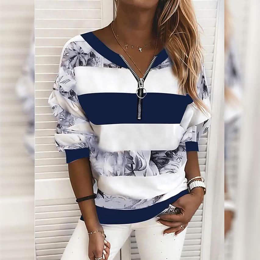 Women's Blouse Shirt Striped Color Block Long Sleeve Print V Neck Tops DailySale