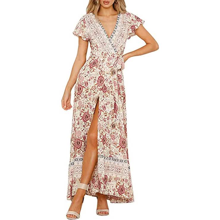 Women's Bohemian Floral Printed Wrap V Neck Maxi Dress DailySale