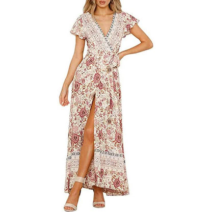 Women's Bohemian Floral Printed Wrap V Neck Maxi Dress DailySale
