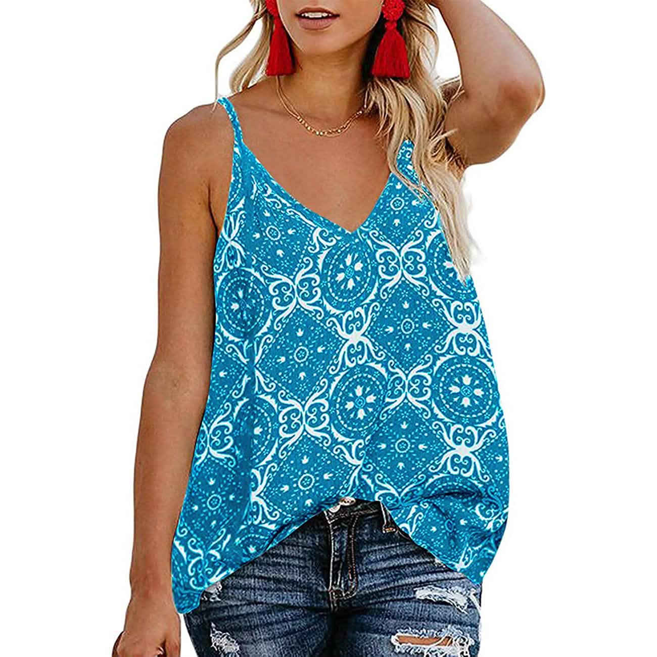 Women's Boho Floral V Neck Spaghetti Straps Tank Top Summer Sleeveless Shirts Blouse DailySale