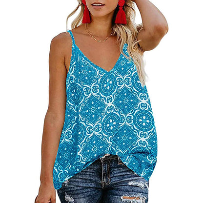 Women's Boho Floral V Neck Spaghetti Straps Tank Top Summer Sleeveless Shirts Blouse DailySale