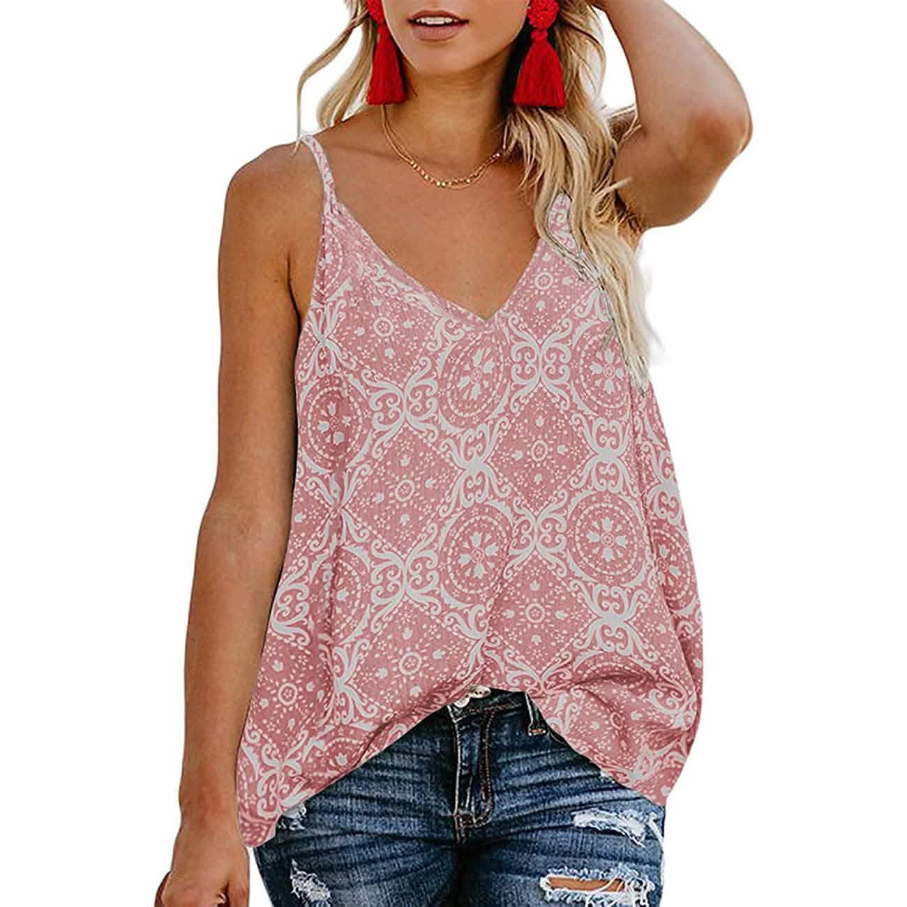 Women's Boho Floral V Neck Spaghetti Straps Tank Top Summer Sleeveless Shirts Blouse DailySale