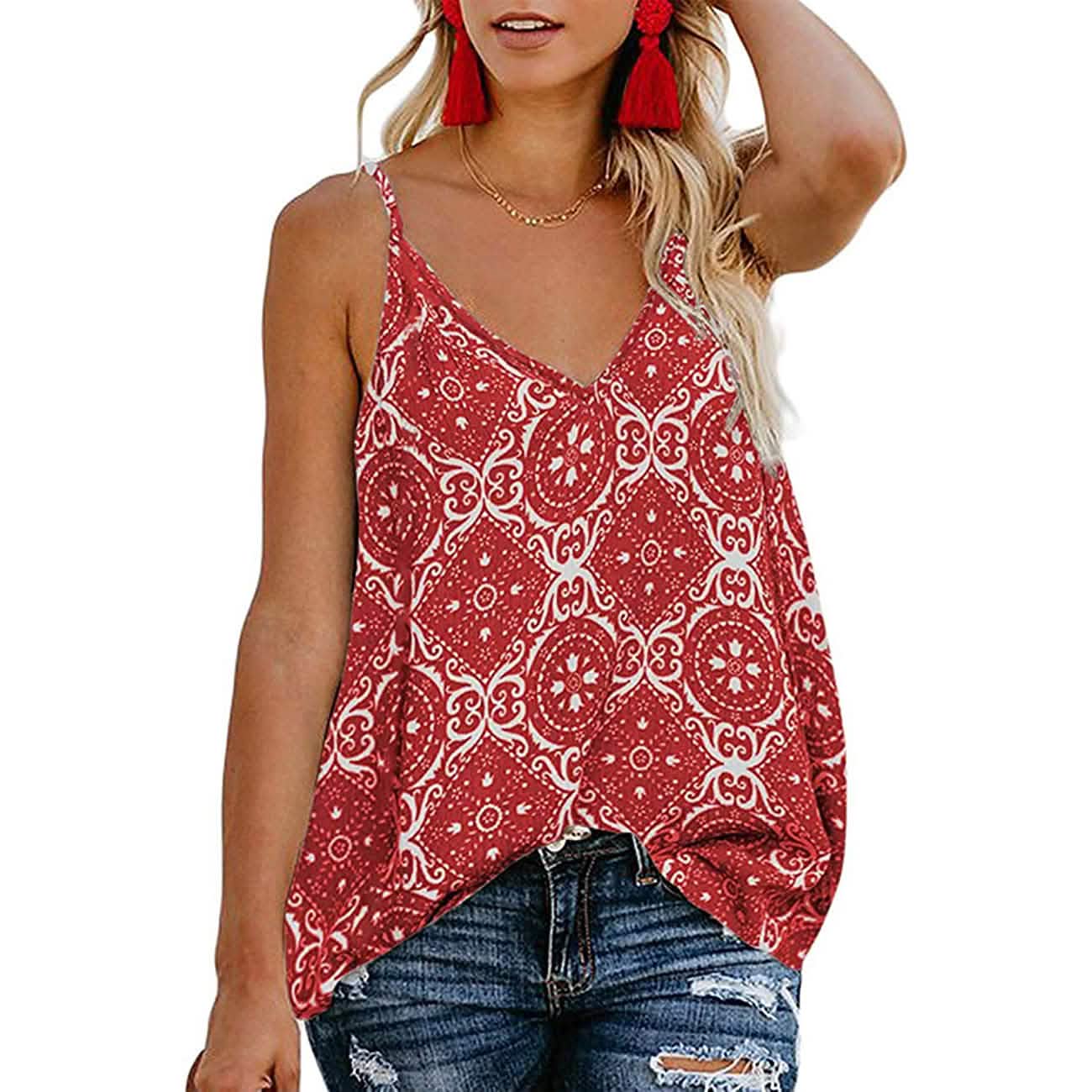 Women's Boho Floral V Neck Spaghetti Straps Tank Top Summer Sleeveless Shirts Blouse DailySale