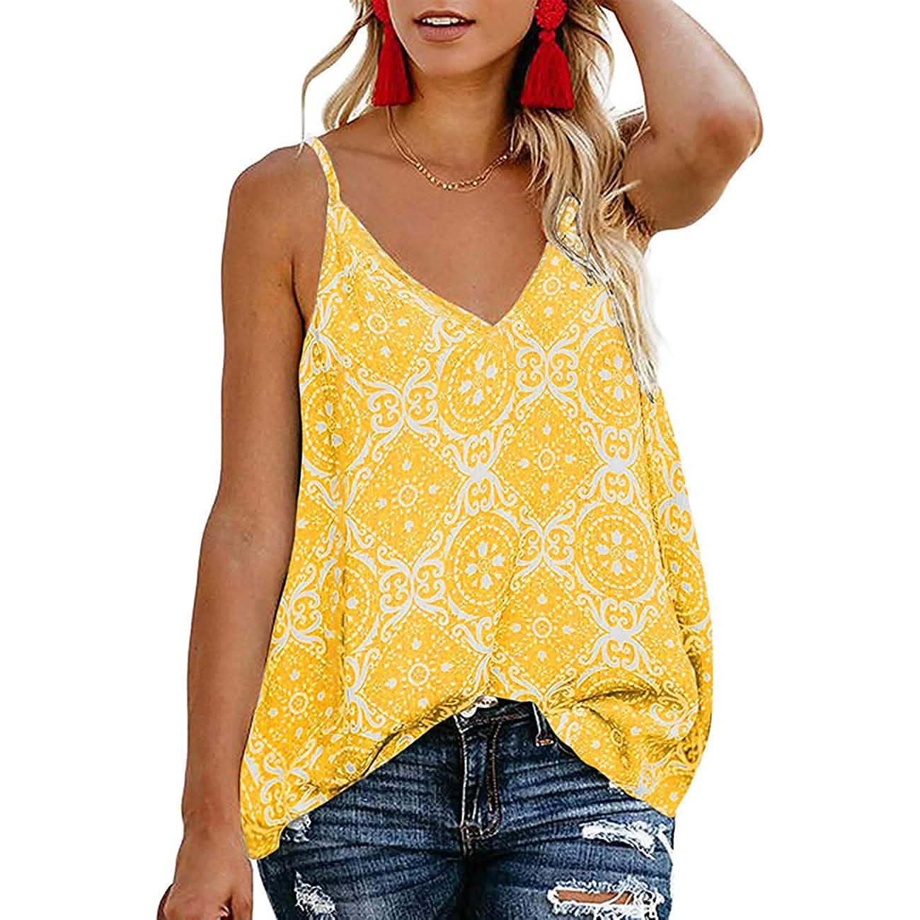 Women's Boho Floral V Neck Spaghetti Straps Tank Top Summer Sleeveless Shirts Blouse DailySale