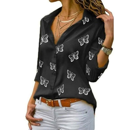 Women's Butterfly Long Sleeve Print Shirt Collar Basic Tops DailySale