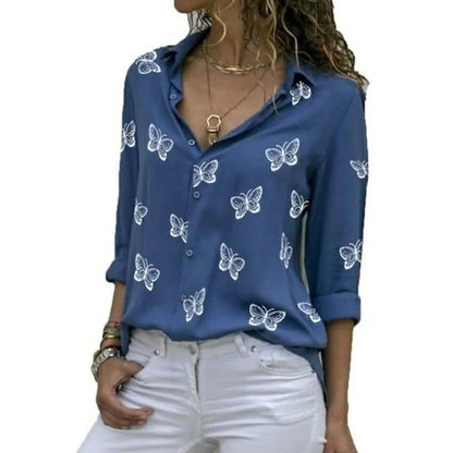 Women's Butterfly Long Sleeve Print Shirt Collar Basic Tops DailySale