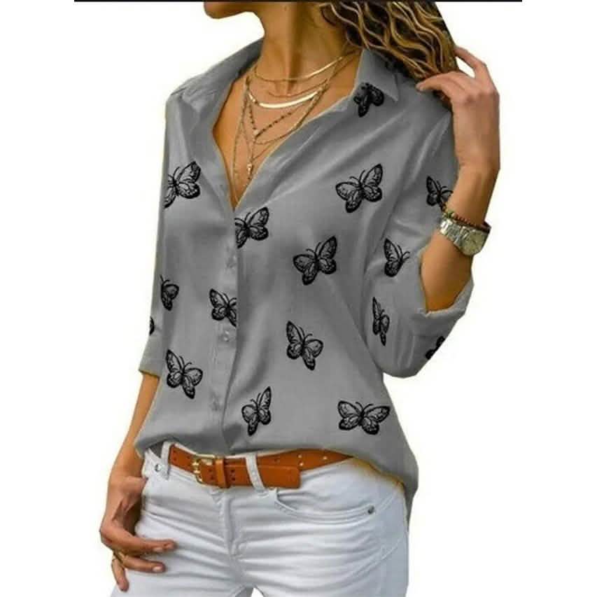 Women's Butterfly Long Sleeve Print Shirt Collar Basic Tops DailySale