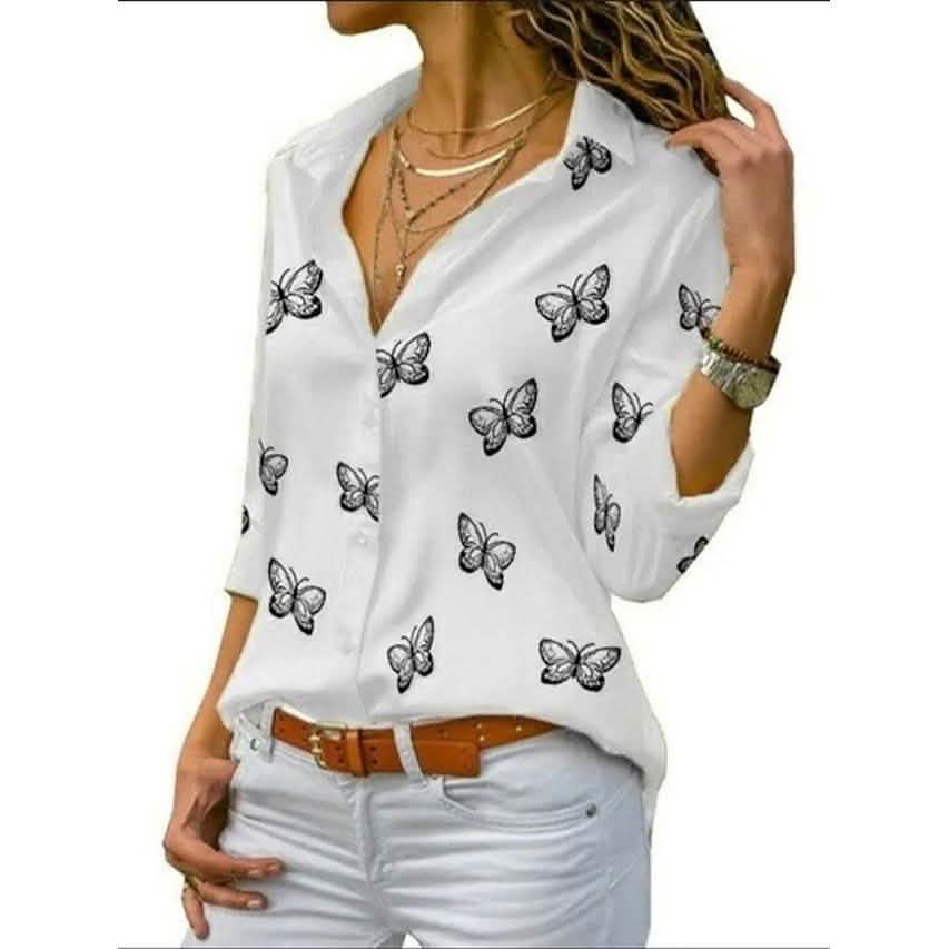 Women's Butterfly Long Sleeve Print Shirt Collar Basic Tops DailySale