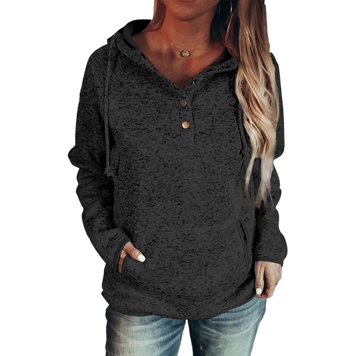 Womens Button Collar Drawstring Stitching Sweatshirts Hoodies Pullover DailySale