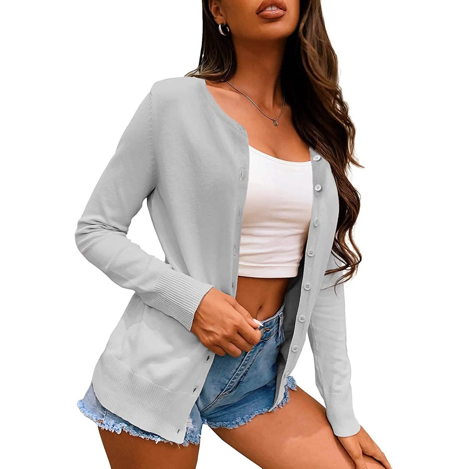 Women's Button Down Crew Neck Long Sleeve Soft Knit Cardigan Sweaters DailySale