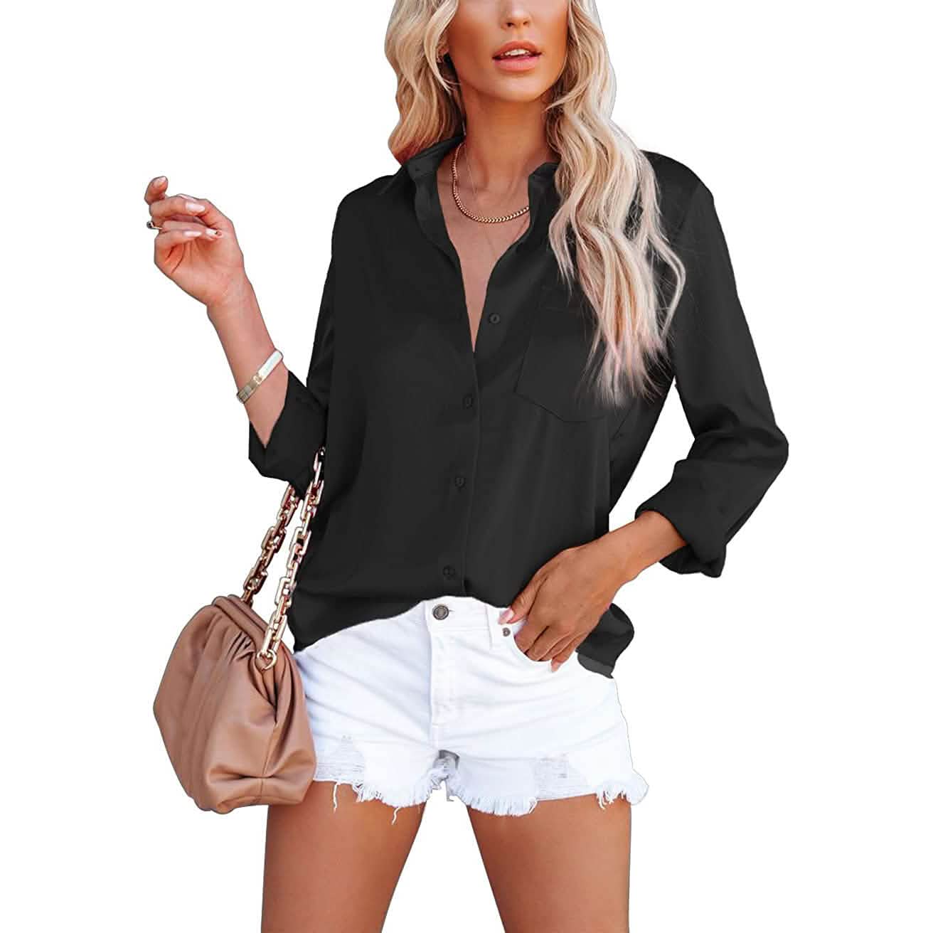 Women's Button Down Shirts Satin V Neck Long Sleeve DailySale