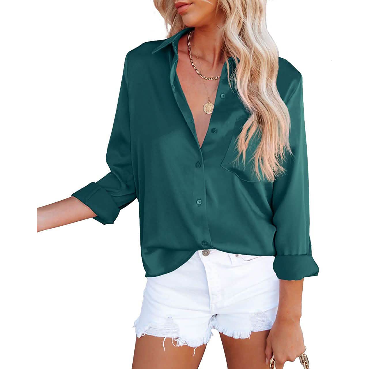 Women's Button Down Shirts Satin V Neck Long Sleeve DailySale