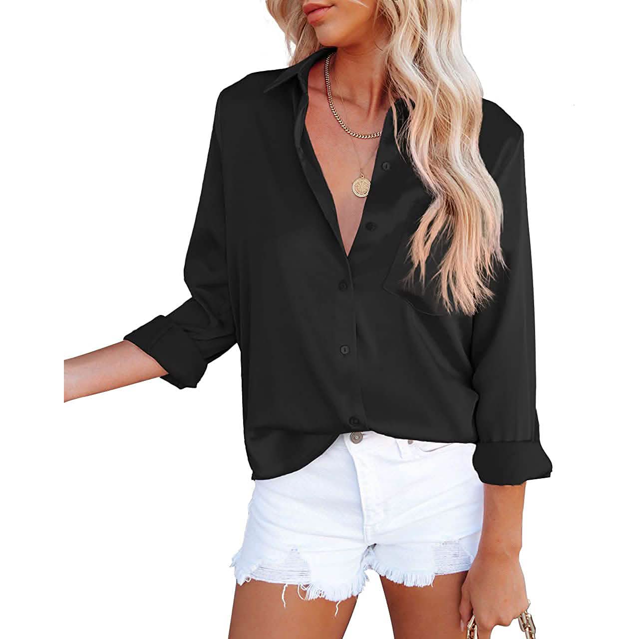 Women's Button Down Shirts Satin V Neck Long Sleeve DailySale