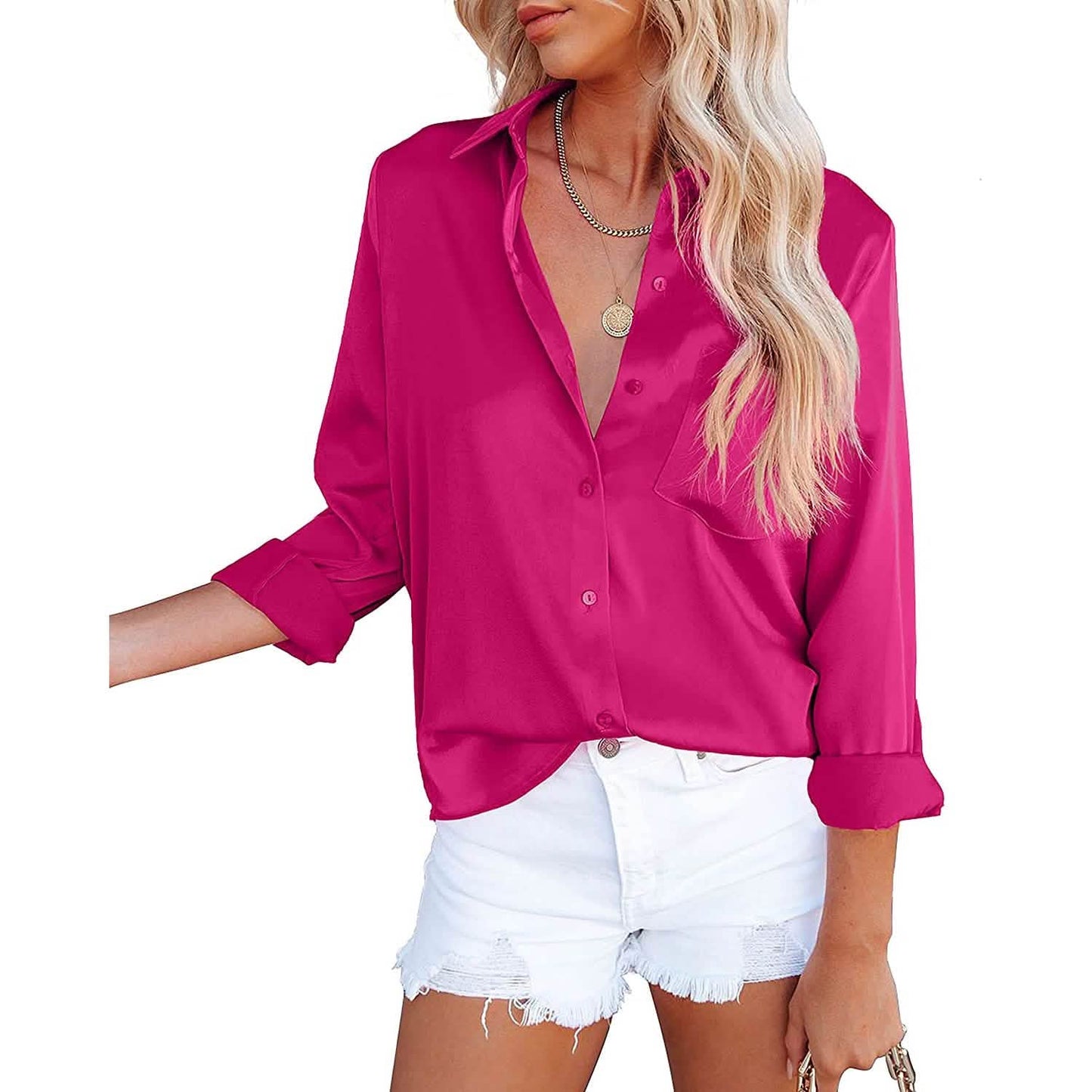 Women's Button Down Shirts Satin V Neck Long Sleeve DailySale