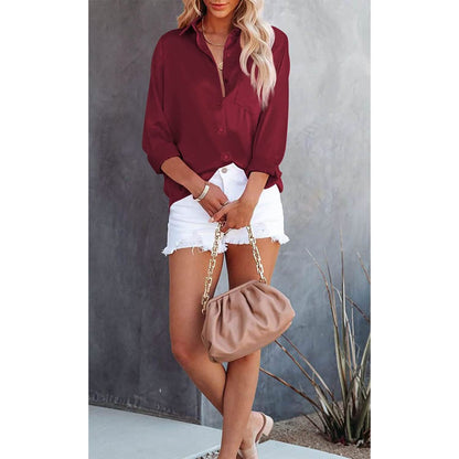 Women's Button Down Shirts Satin V Neck Long Sleeve DailySale