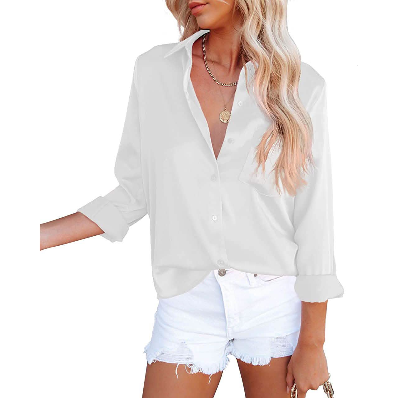 Women's Button Down Shirts Satin V Neck Long Sleeve DailySale