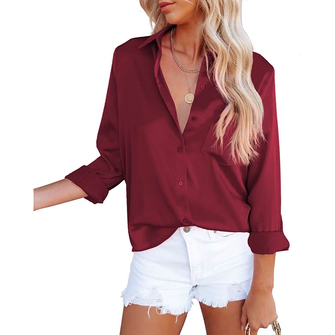 Women's Button Down Shirts Satin V Neck Long Sleeve DailySale