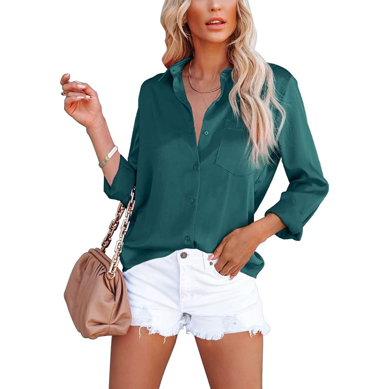Women's Button Down Shirts Satin V Neck Long Sleeve DailySale