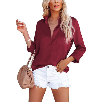 Women's Button Down Shirts Satin V Neck Long Sleeve DailySale