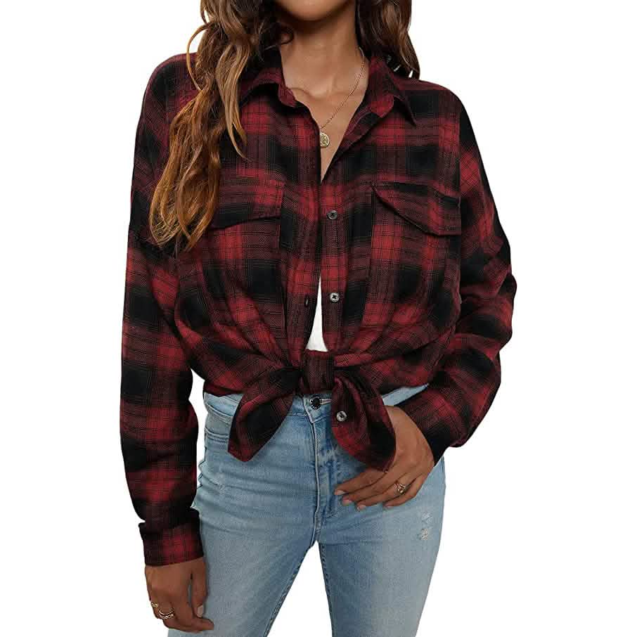 Women's Button Flannel Shirt Plaid Long Sleeve Top DailySale