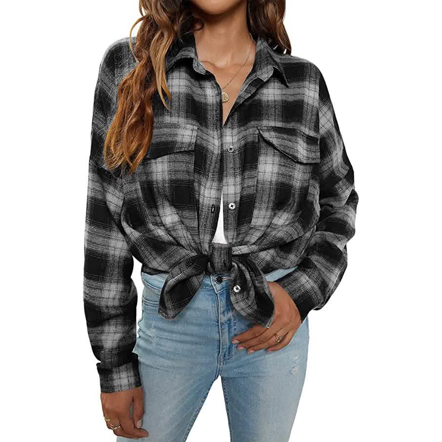 Women's Button Flannel Shirt Plaid Long Sleeve Top DailySale