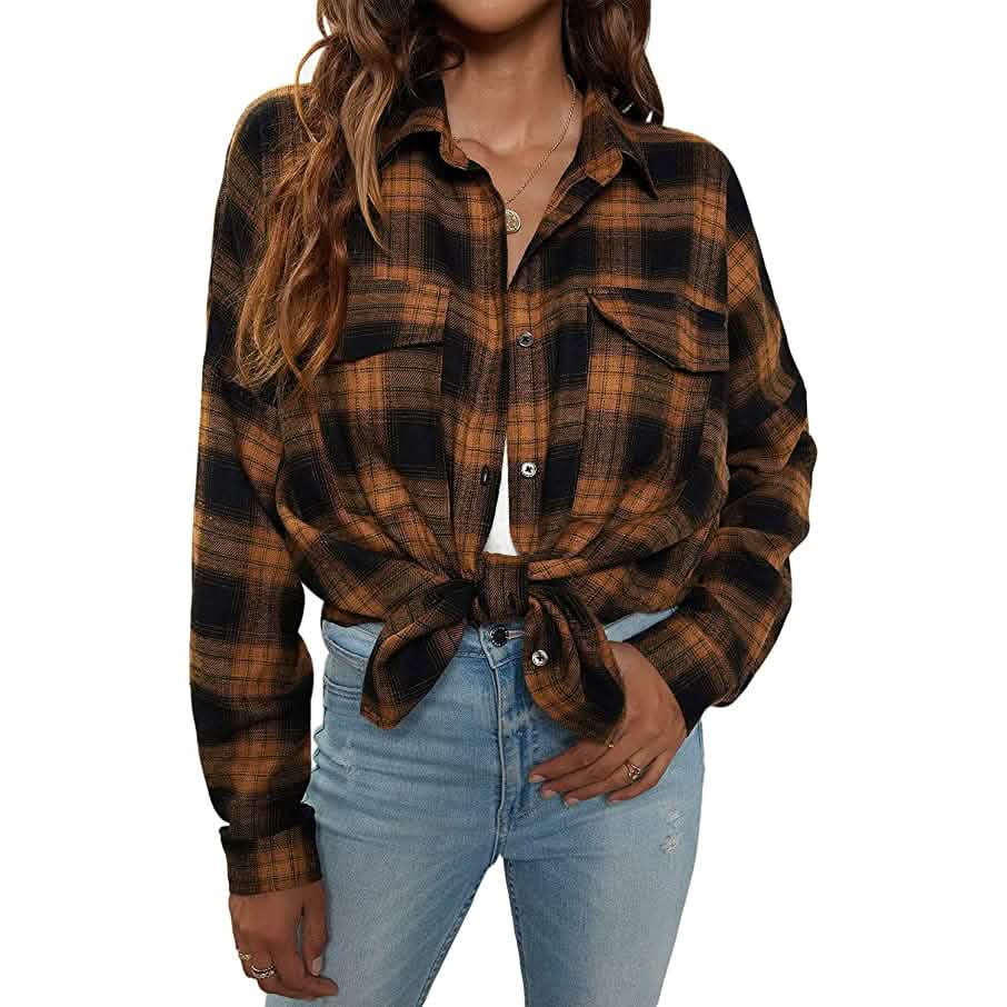 Women's Button Flannel Shirt Plaid Long Sleeve Top DailySale