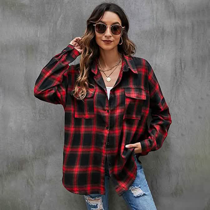 Women's Button Flannel Shirt Plaid Long Sleeve Top DailySale