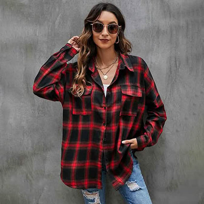 Women's Button Flannel Shirt Plaid Long Sleeve Top DailySale