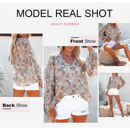 Womens Casual Boho Floral Print V Neck Long Sleeve Loose Blouse DailySale