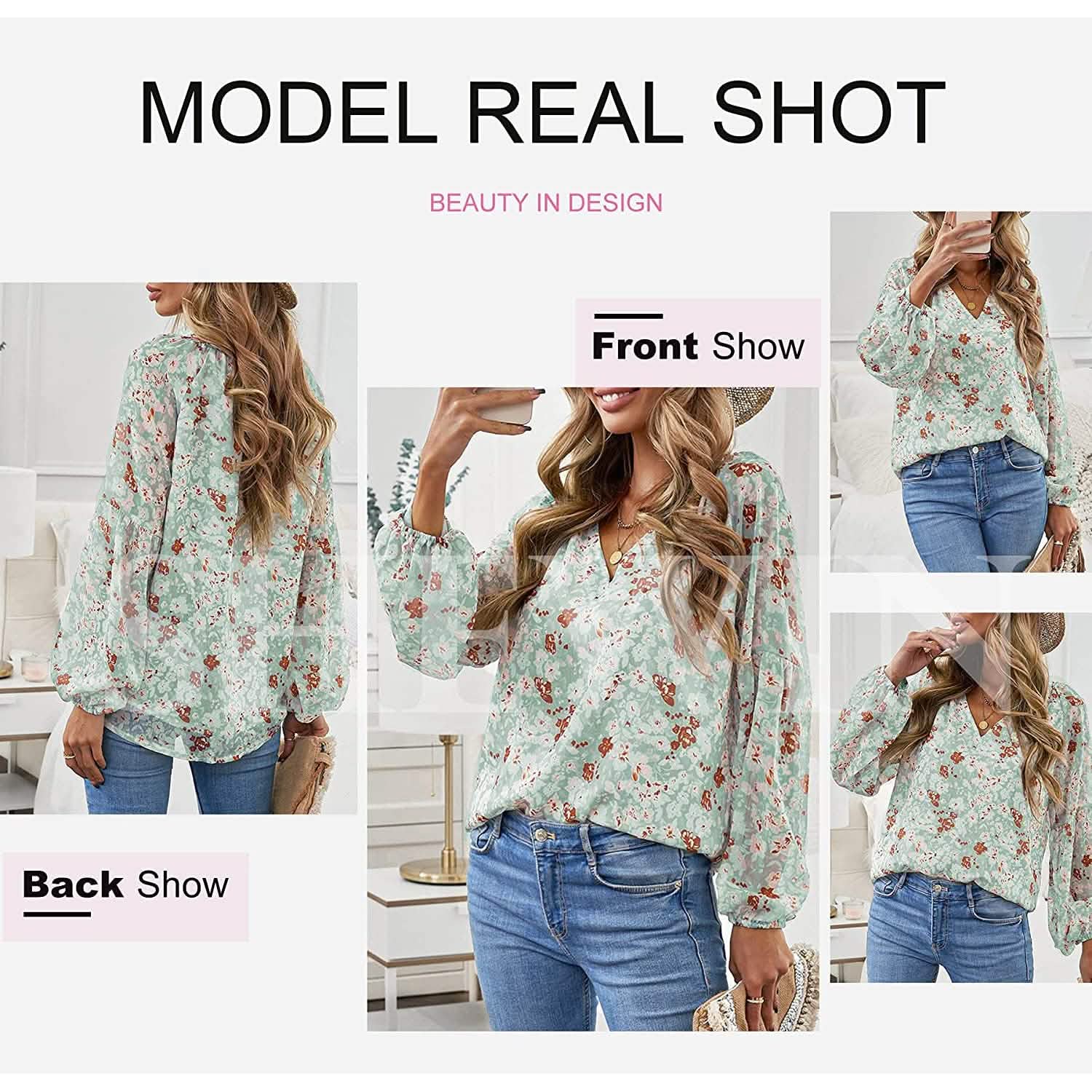 Womens Casual Boho Floral Print V Neck Long Sleeve Loose Blouse DailySale