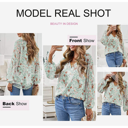 Womens Casual Boho Floral Print V Neck Long Sleeve Loose Blouse DailySale