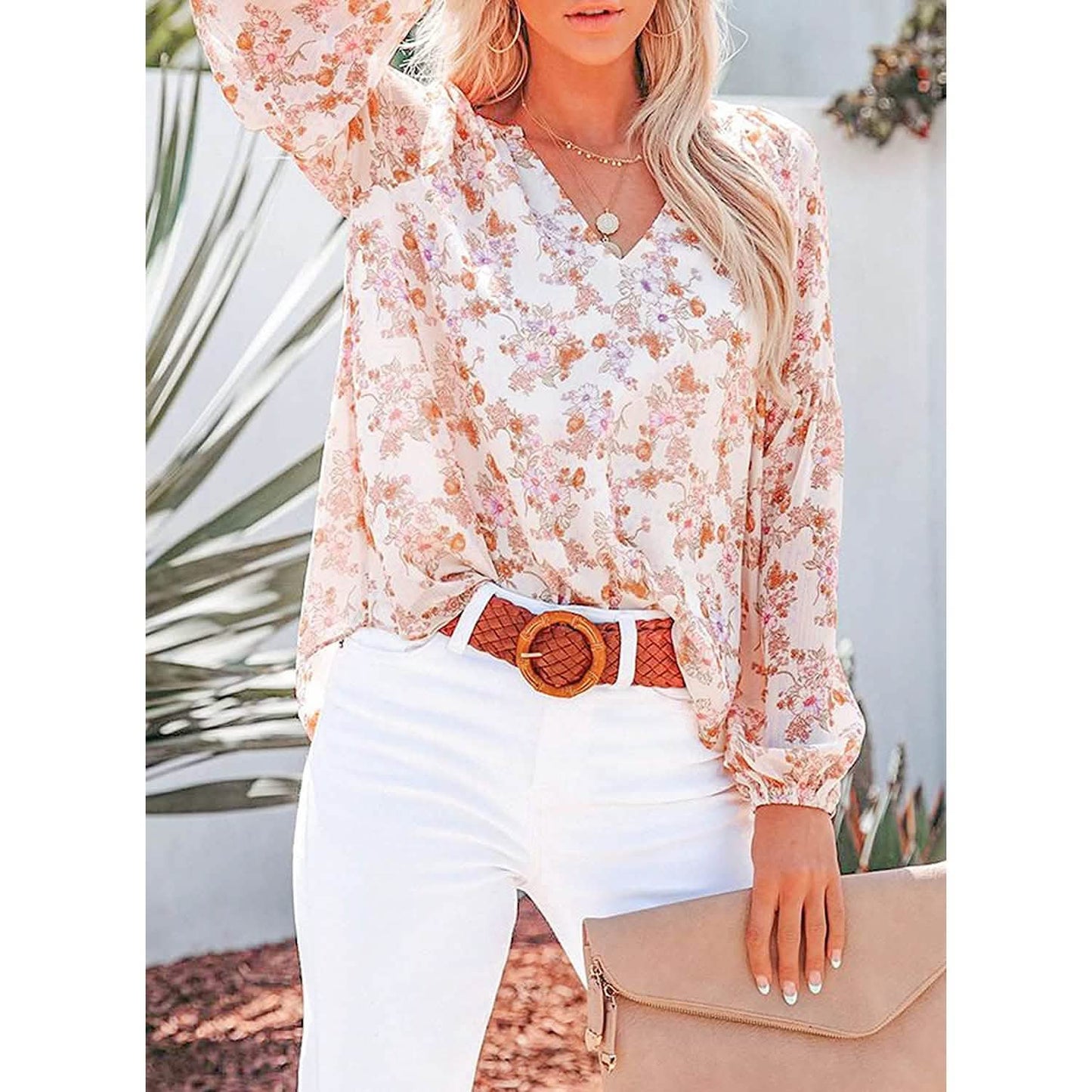 Womens Casual Boho Floral Print V Neck Long Sleeve Loose Blouse DailySale