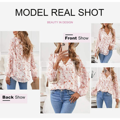 Womens Casual Boho Floral Print V Neck Long Sleeve Loose Blouse DailySale