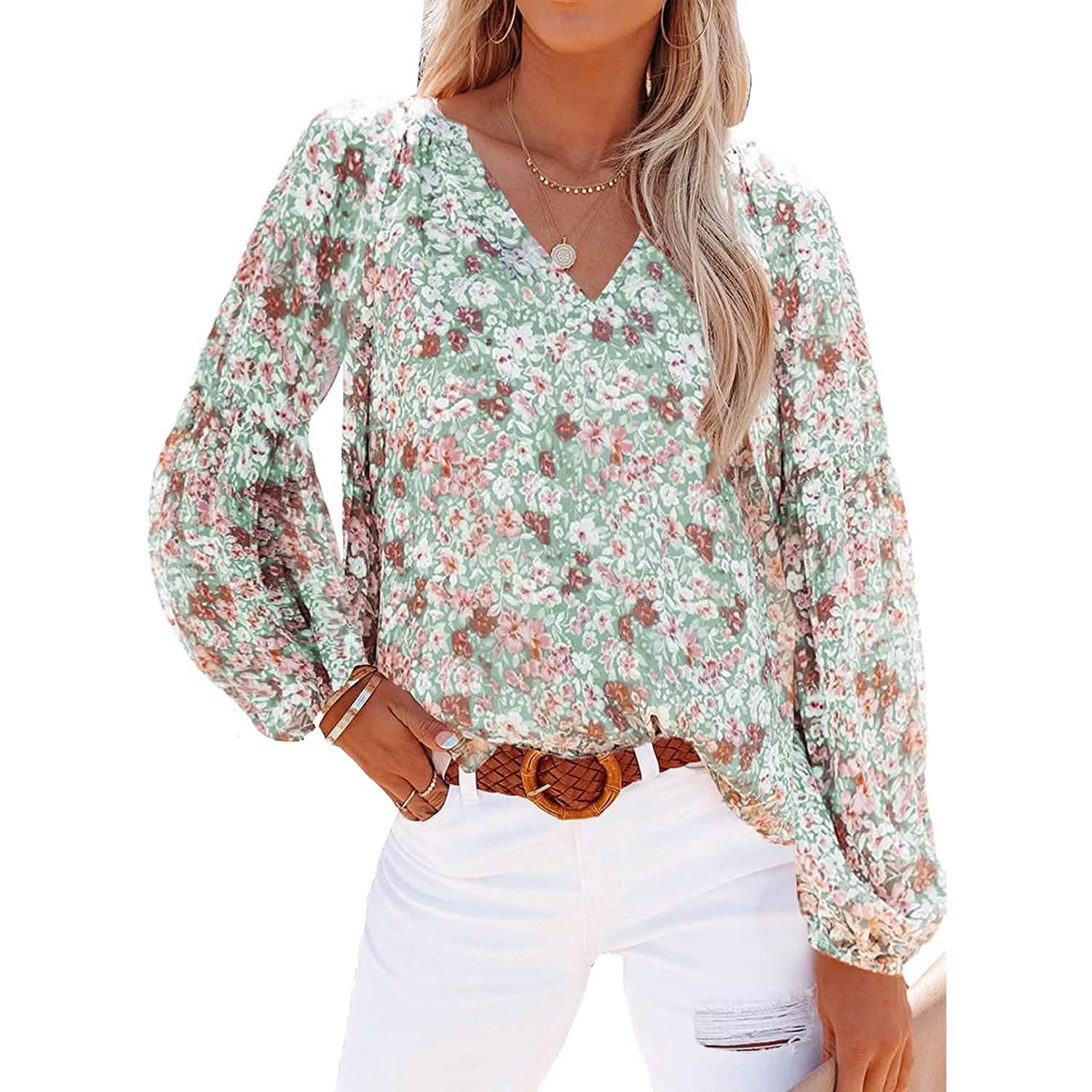 Womens Casual Boho Floral Print V Neck Long Sleeve Loose Blouse DailySale