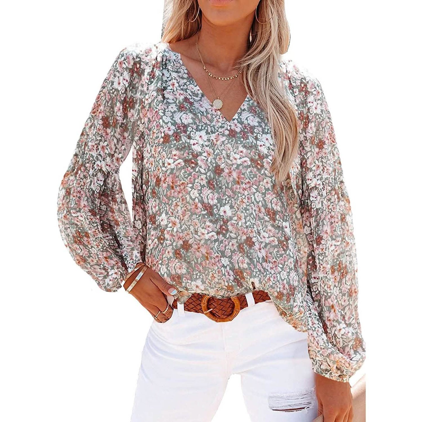 Womens Casual Boho Floral Print V Neck Long Sleeve Loose Blouse DailySale