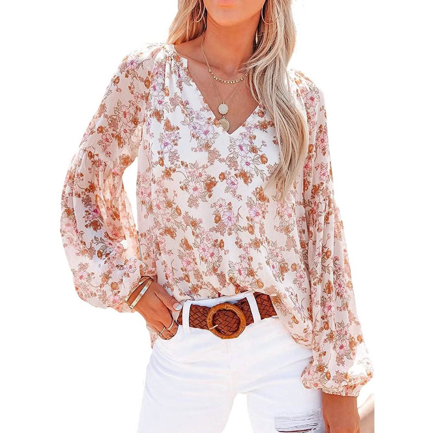 Womens Casual Boho Floral Print V Neck Long Sleeve Loose Blouse DailySale