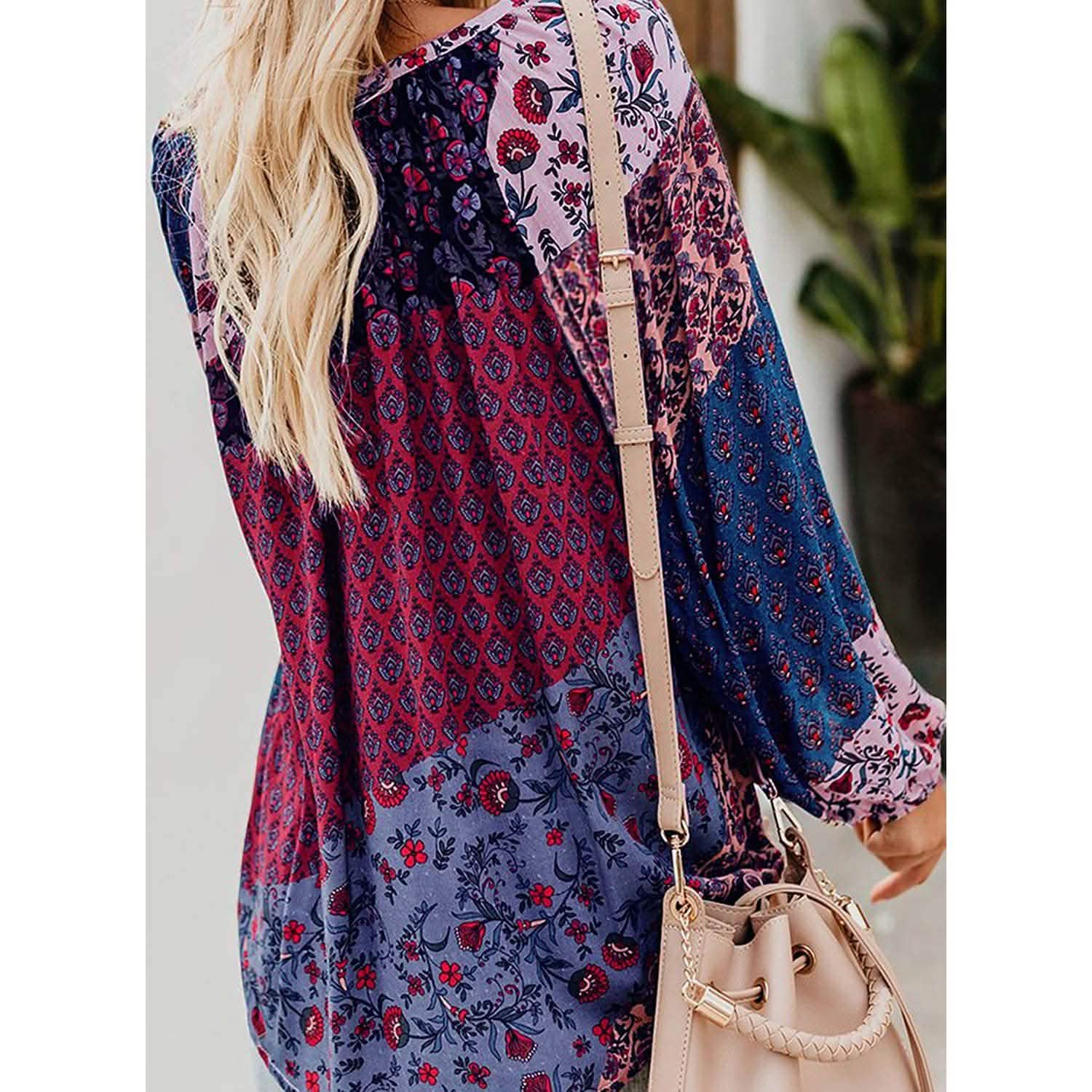 Women's Casual Boho Floral Print V Neck Long Sleeve Shirts Tops DailySale