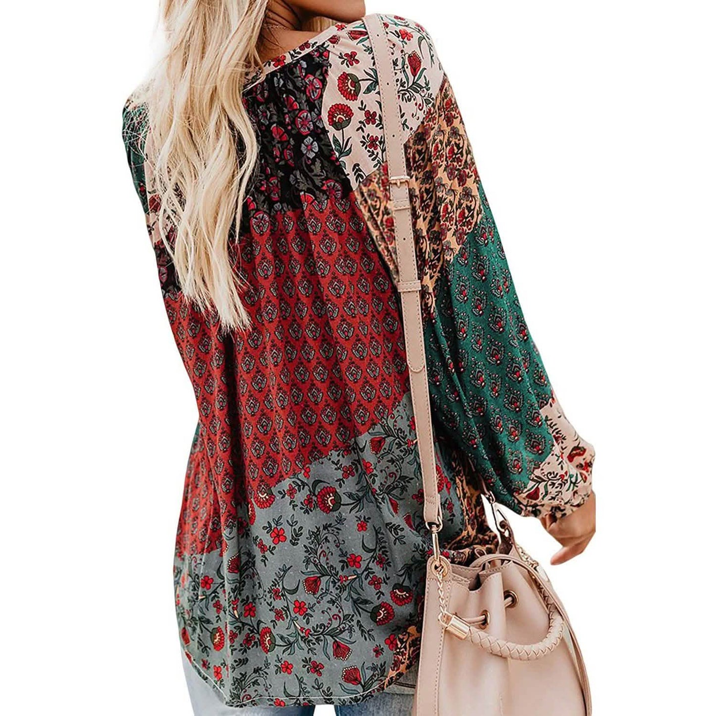 Women's Casual Boho Floral Print V Neck Long Sleeve Shirts Tops DailySale