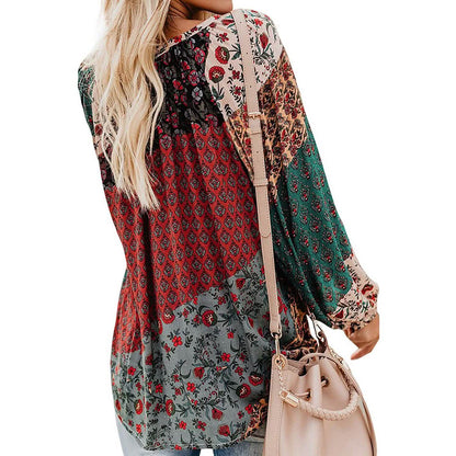 Women's Casual Boho Floral Print V Neck Long Sleeve Shirts Tops DailySale