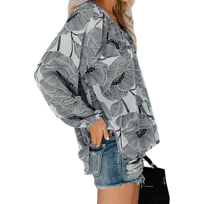 Women's Casual Boho Floral Print V Neck Long Sleeve Shirts Tops DailySale