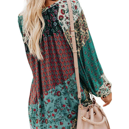 Women's Casual Boho Floral Print V Neck Long Sleeve Shirts Tops DailySale