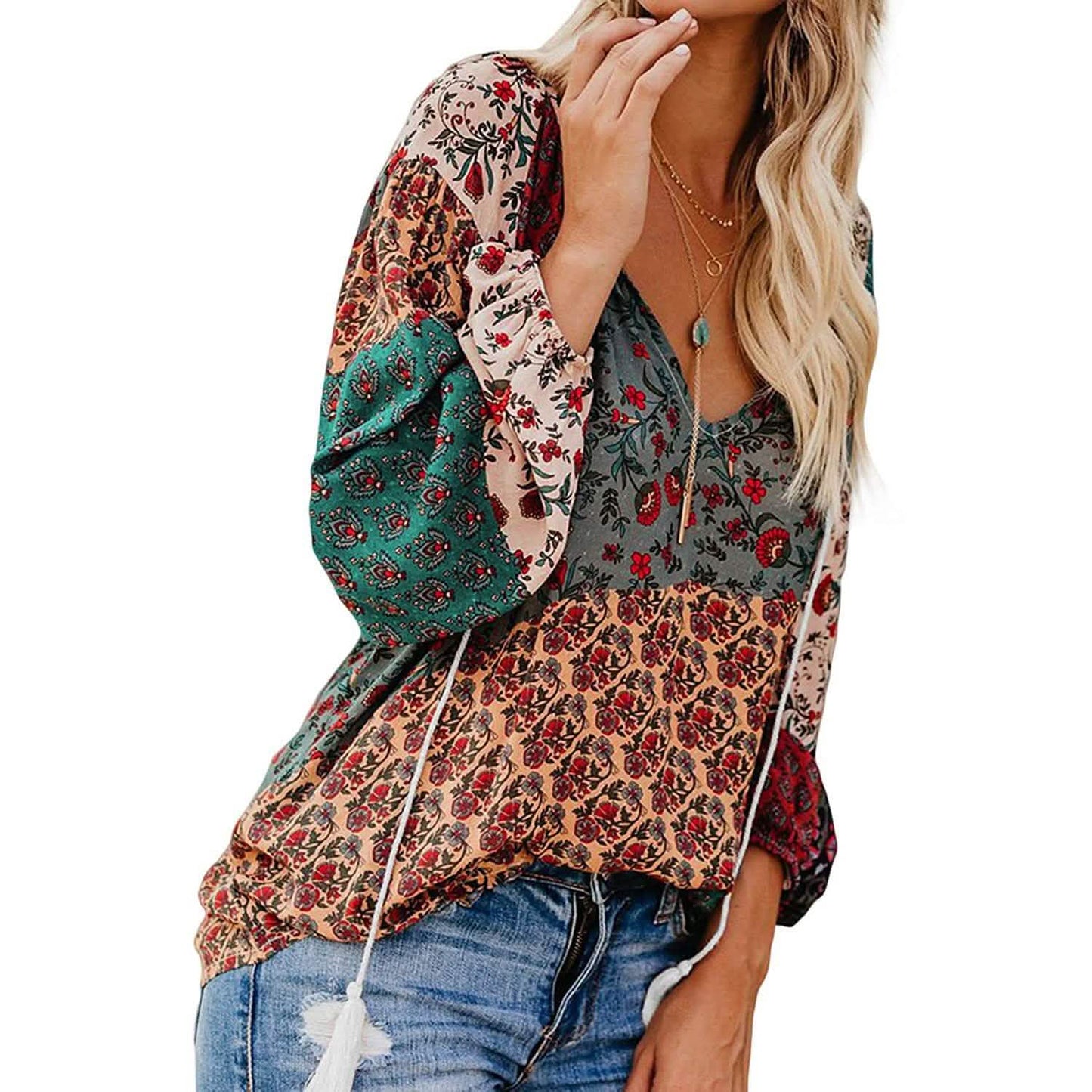 Women's Casual Boho Floral Print V Neck Long Sleeve Shirts Tops DailySale