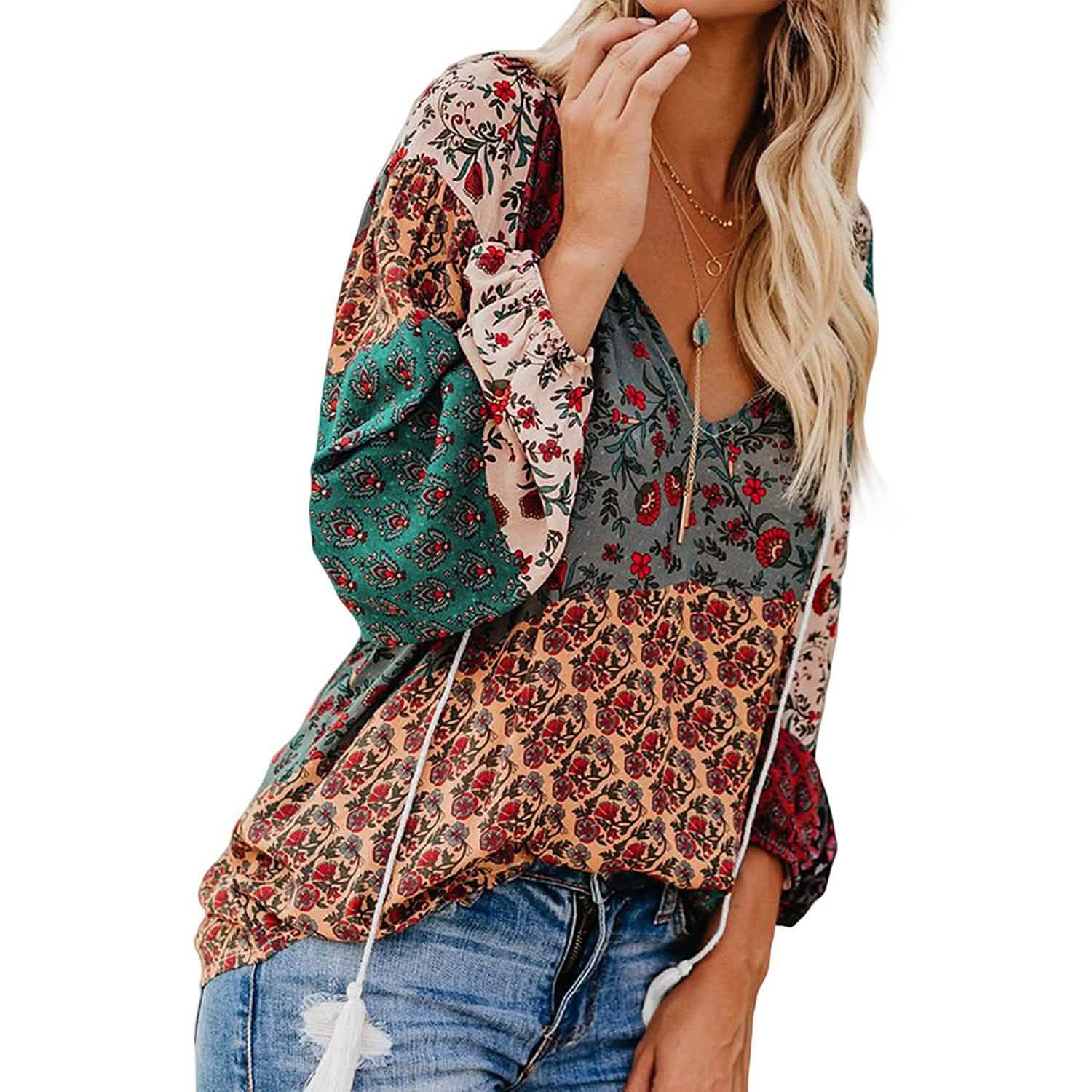 Women's Casual Boho Floral Print V Neck Long Sleeve Shirts Tops DailySale