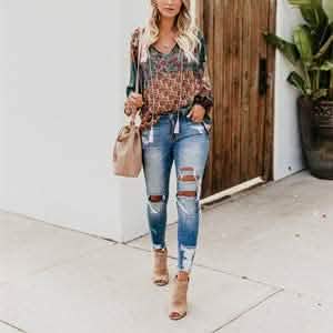 Women's Casual Boho Floral Print V Neck Long Sleeve Shirts Tops DailySale
