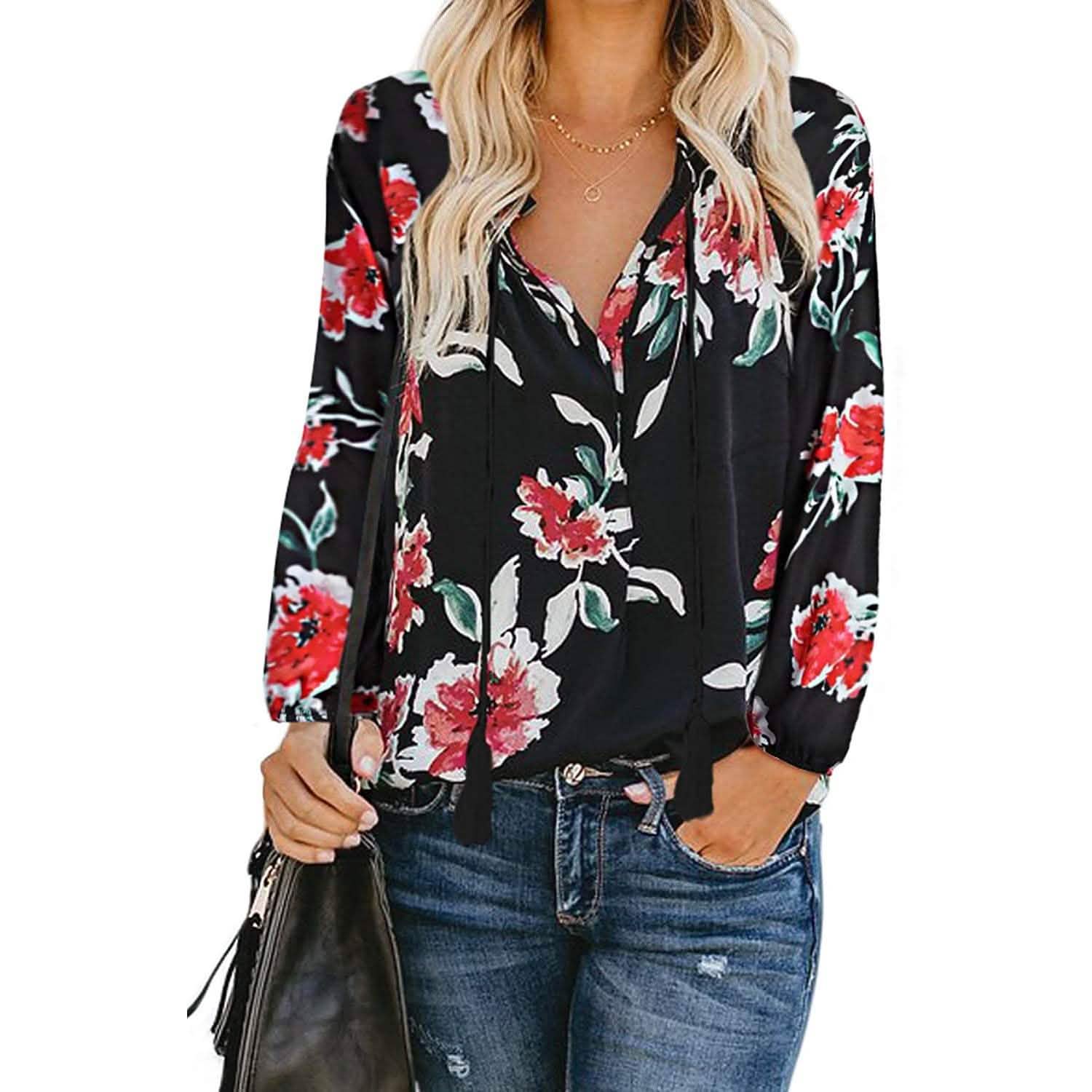 Women's Casual Boho Floral Print V Neck Long Sleeve Shirts Tops DailySale
